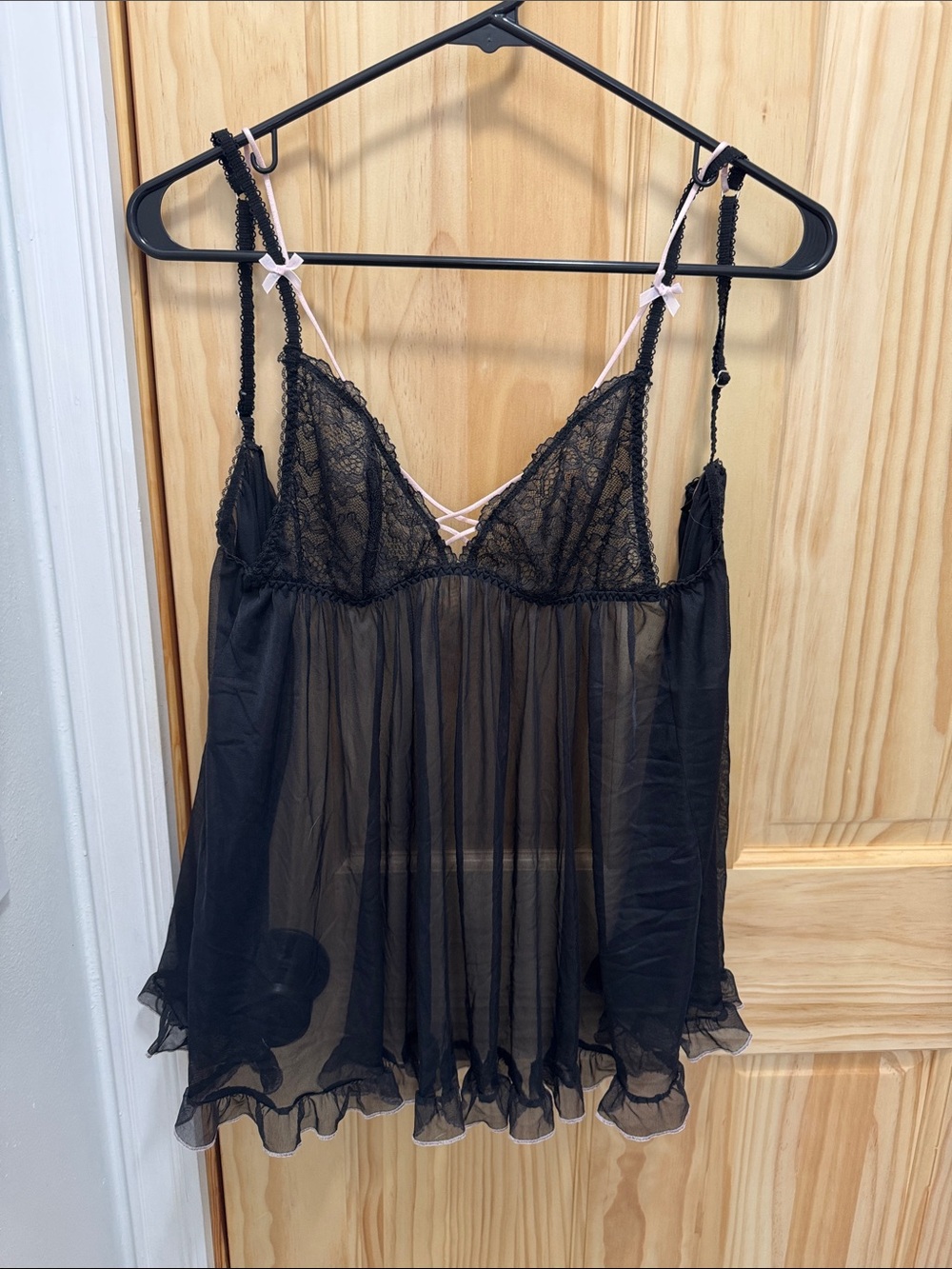 Victoria's Secret Black Sheer Lace Babydoll Chemise with Pink Accents